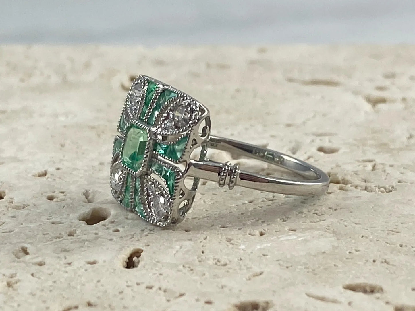 Emerald And Diamond Art Deco Ring In Platinum Handmade Certified Natural 0.72 CTW