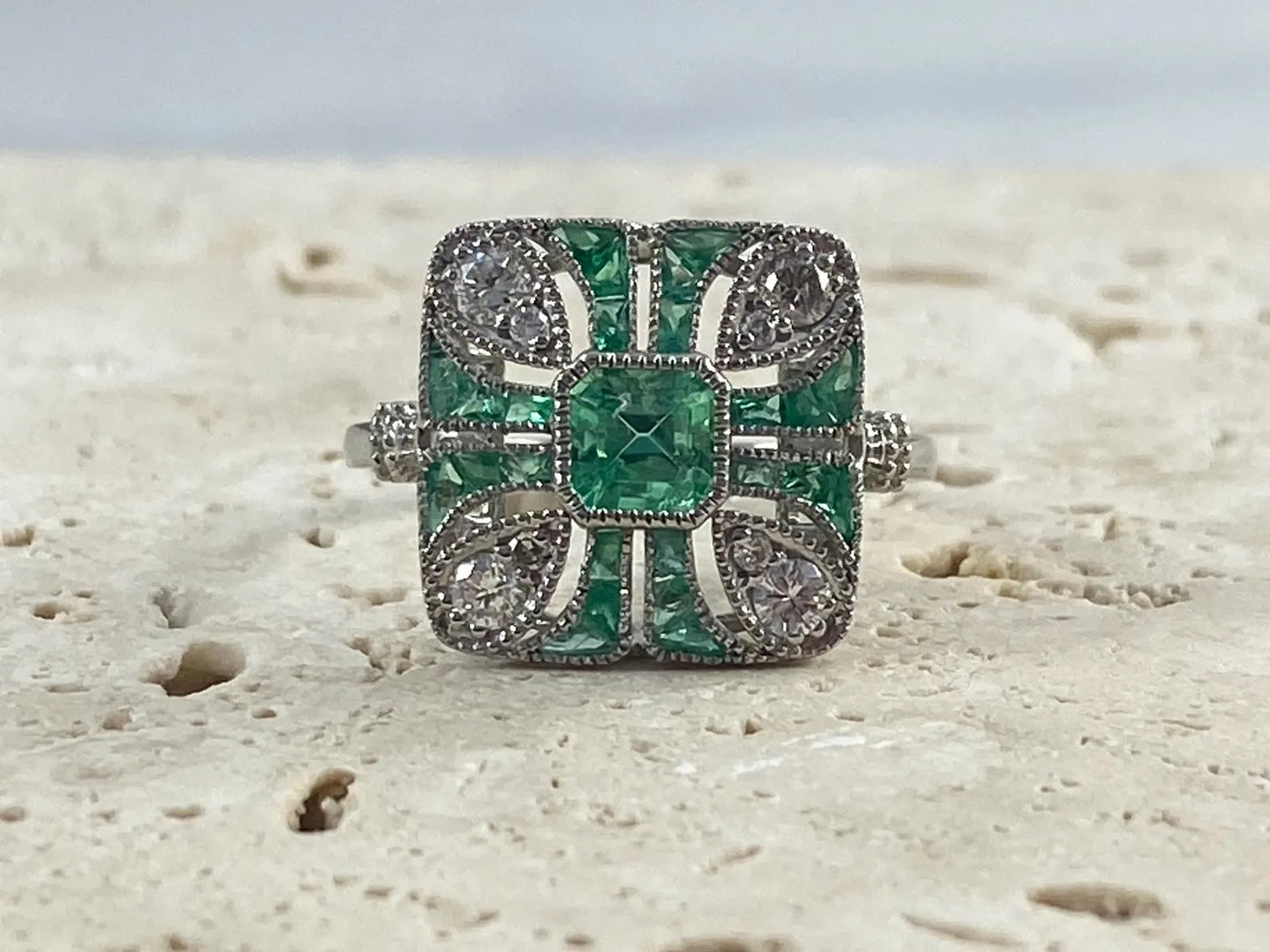 Emerald And Diamond Art Deco Ring In Platinum Handmade Certified Natural 0.72 CTW