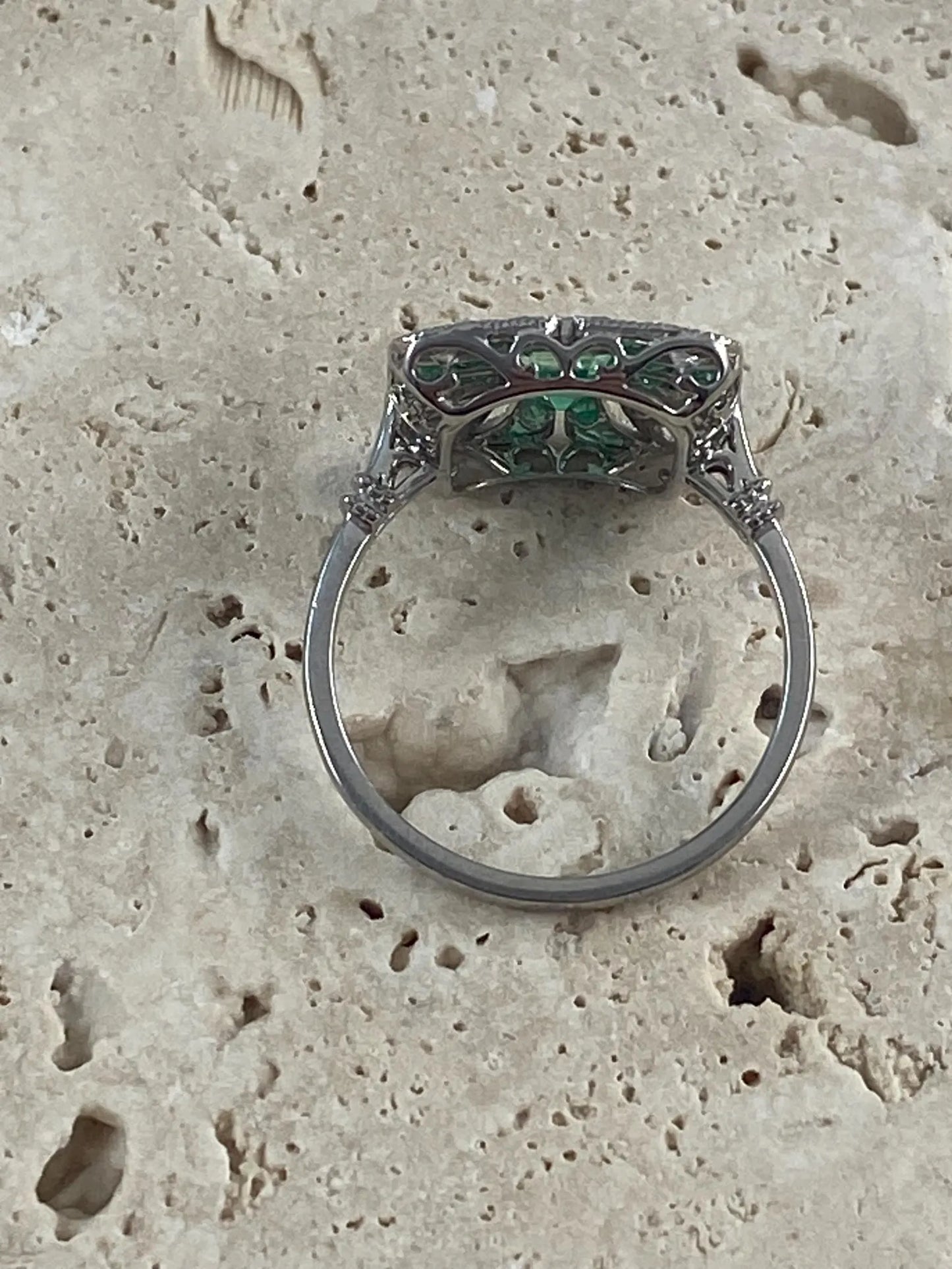 Emerald And Diamond Art Deco Ring In Platinum Handmade Certified Natural 0.72 CTW