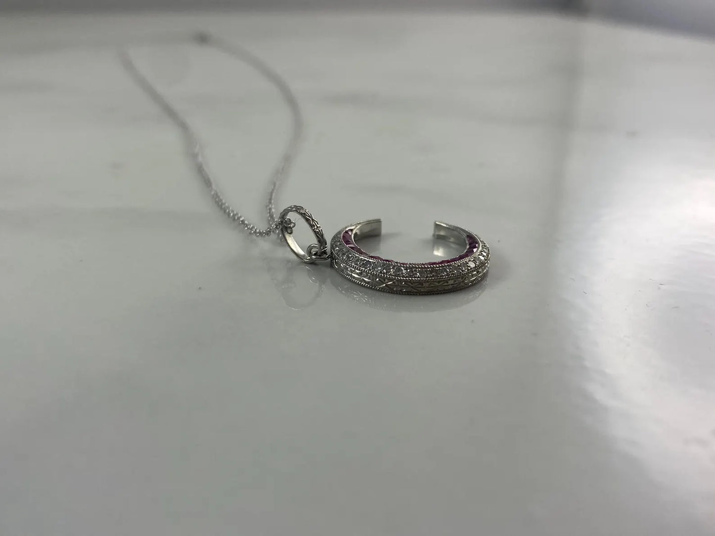 Crescent Moon Diamond Ruby Platinum Necklace 0.54 CTW Handmade Natural Certified Art Deco Inspired