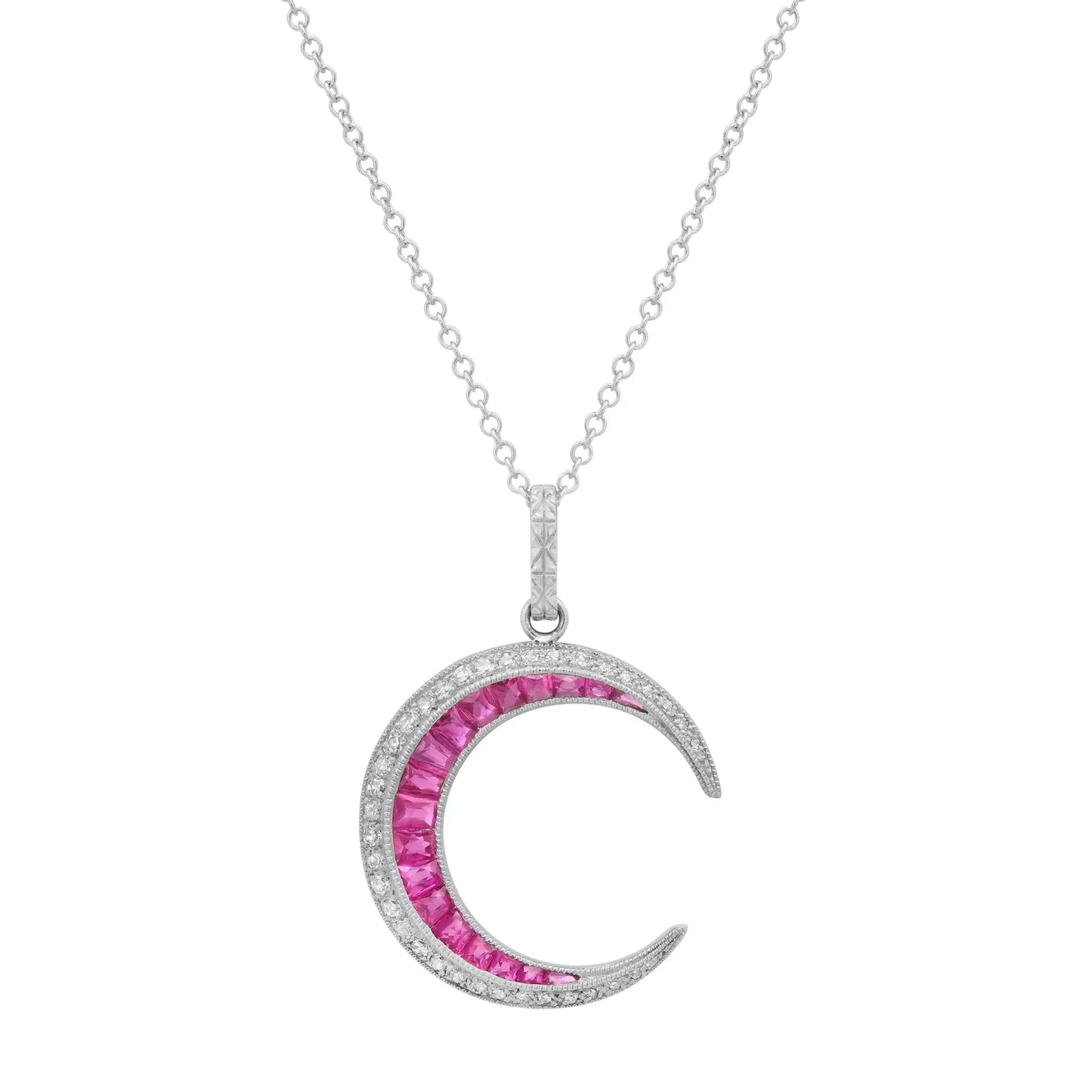 Crescent Moon Diamond Ruby Platinum Necklace 0.54 CTW Handmade Natural Certified Art Deco Inspired