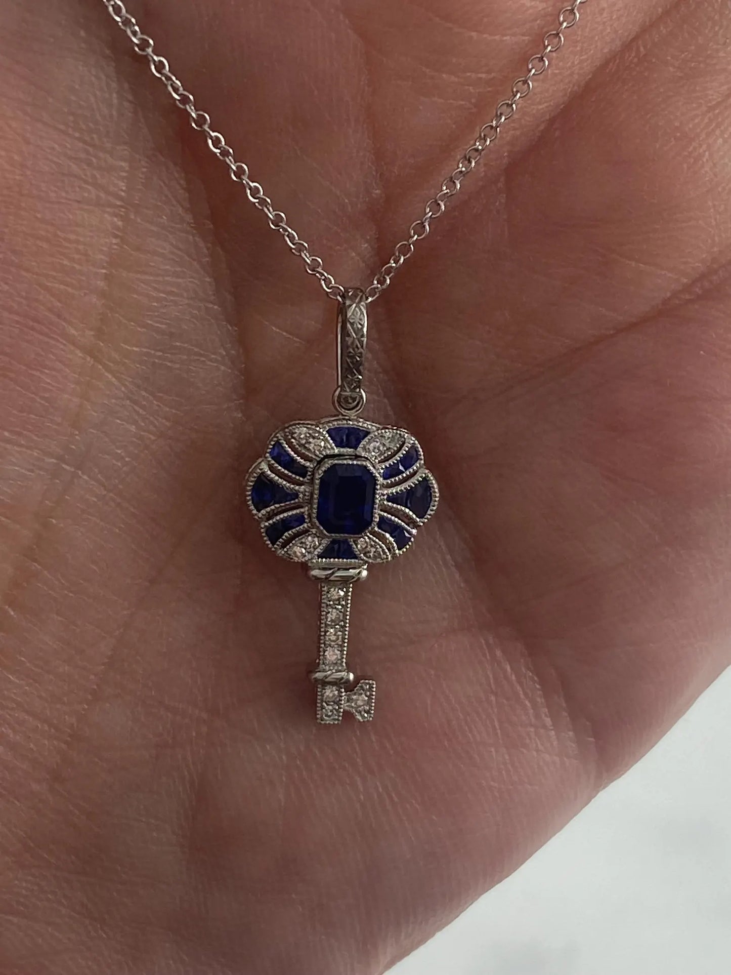 Diamond Sapphire Key Platinum Necklace 0.87 CTW Handmade Natural Certified Art Deco Inspired