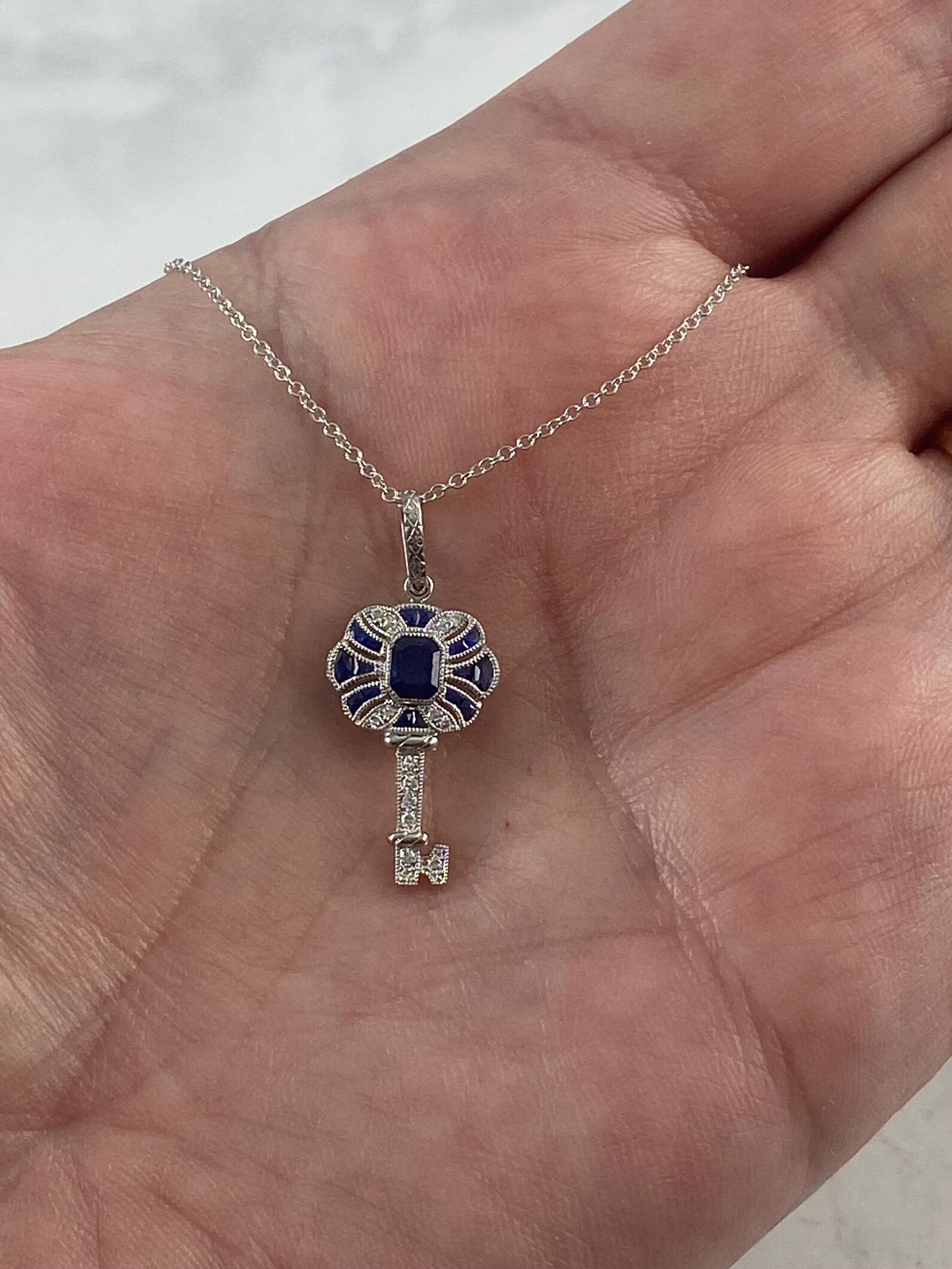 Diamond Sapphire Key Platinum Necklace 0.87 CTW Handmade Natural Certified Art Deco Inspired