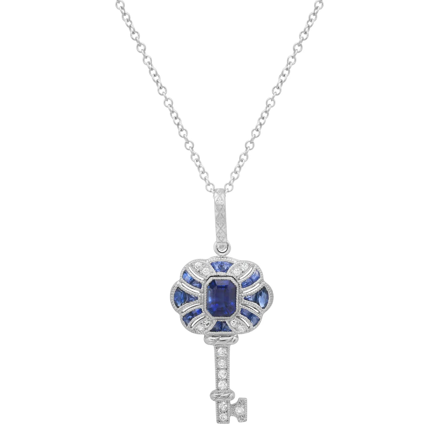 Diamond Sapphire Key Platinum Necklace 0.87 CTW Handmade Natural Certified Art Deco Inspired