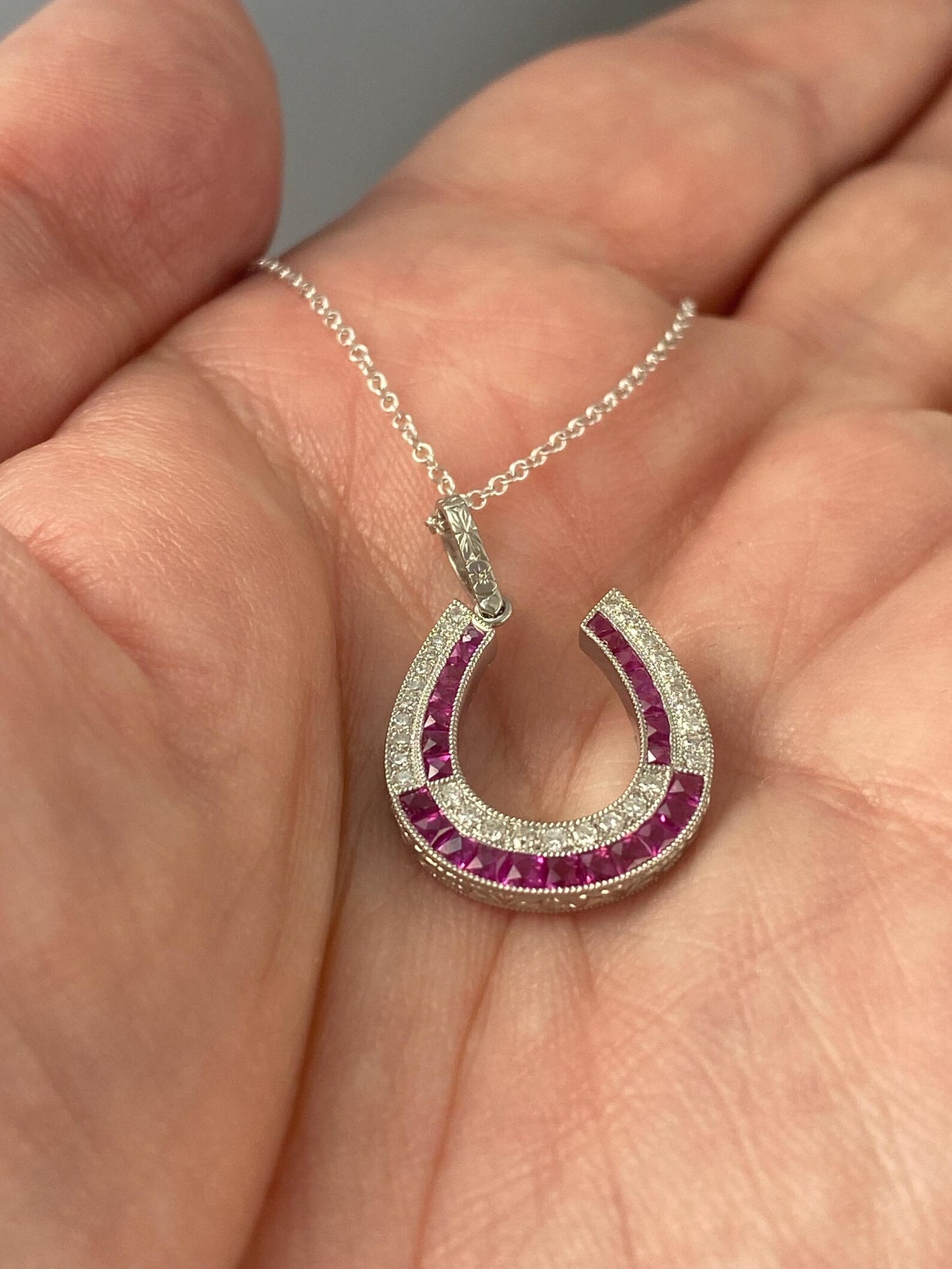 Horseshoe Diamond Ruby Platinum Necklace 0.75 CTW Handmade Natural Certified Art Deco Inspired