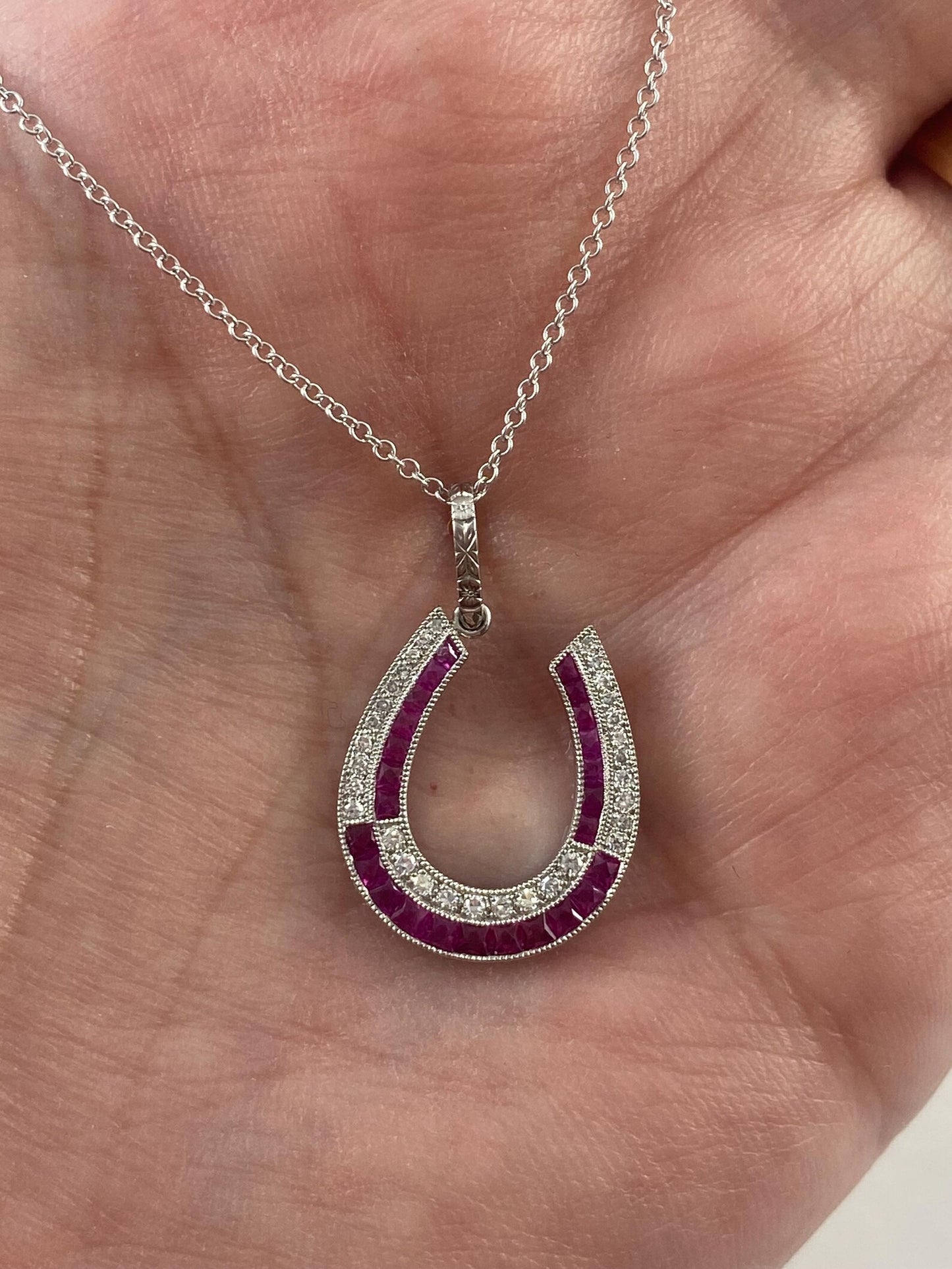 Horseshoe Diamond Ruby Platinum Necklace 0.75 CTW Handmade Natural Certified Art Deco Inspired