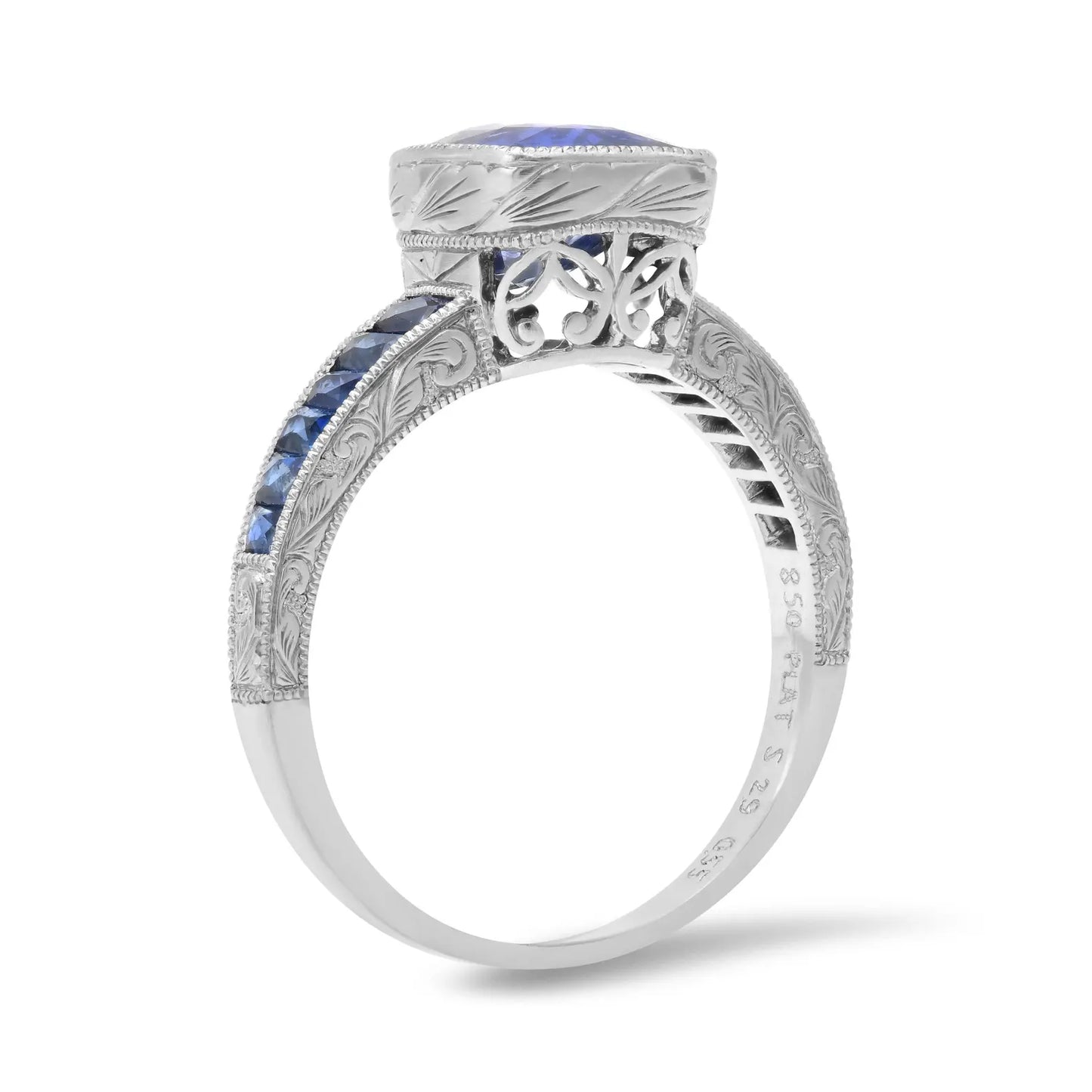 Art Deco Cushion Blue Sapphire Platinum Ring 3.45 CTW Certified Natural Handmade