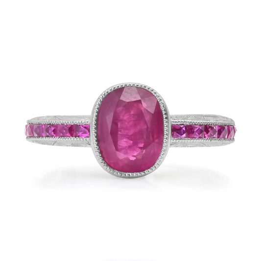 Art Deco Ruby Diamond Platinum Ring 2.43 CTW Certified Natural Handmade