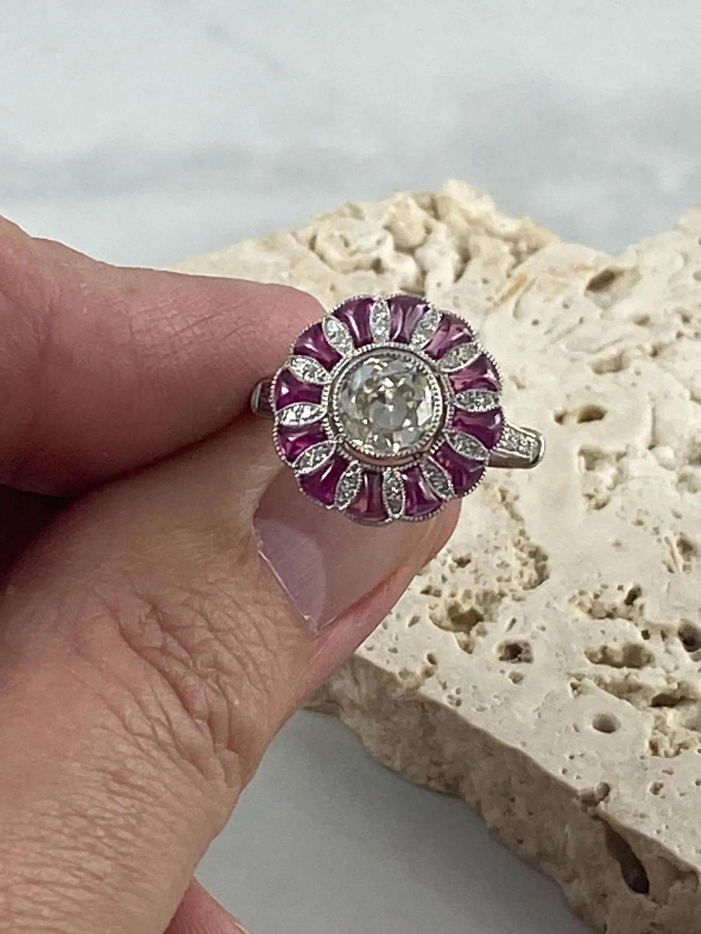 Old Mine Cut Diamond Ruby Platinum Ring Art Deco Handmade Certified Natural 1.89 CTW