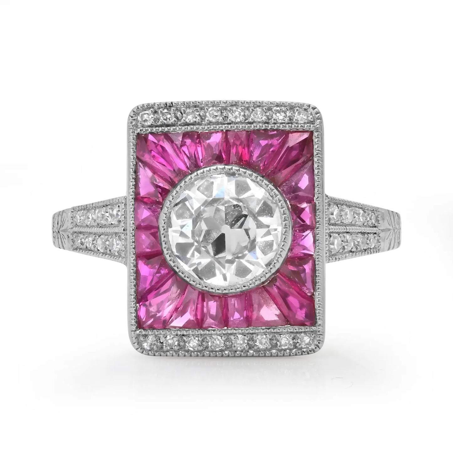 Old Mine Cut European Diamond Ruby Platinum Ring Art Deco Handmade Certified Natural 1.67 CTW