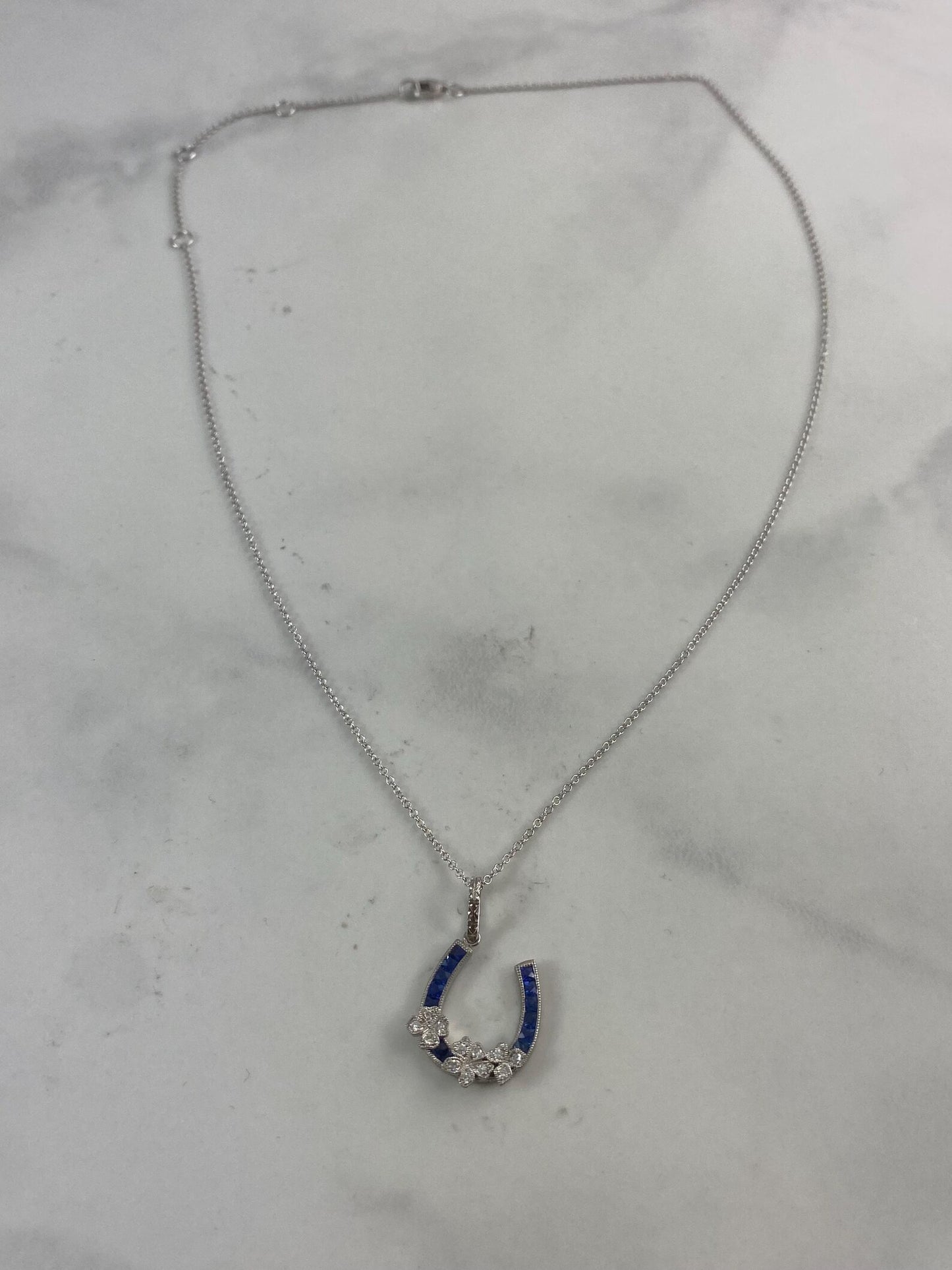 Diamond Sapphire Horseshoe Platinum Necklace 0.71 CTW Handmade Natural Certified Art Deco Inspired