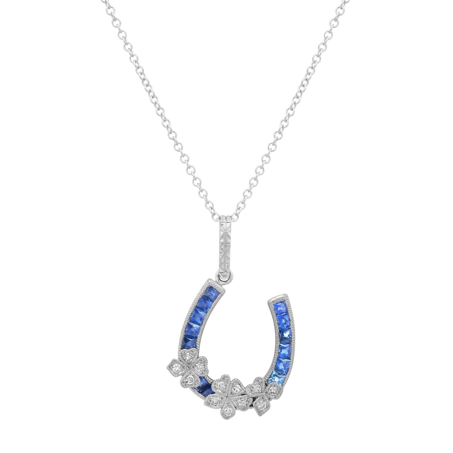 Diamond Sapphire Horseshoe Platinum Necklace 0.71 CTW Handmade Natural Certified Art Deco Inspired
