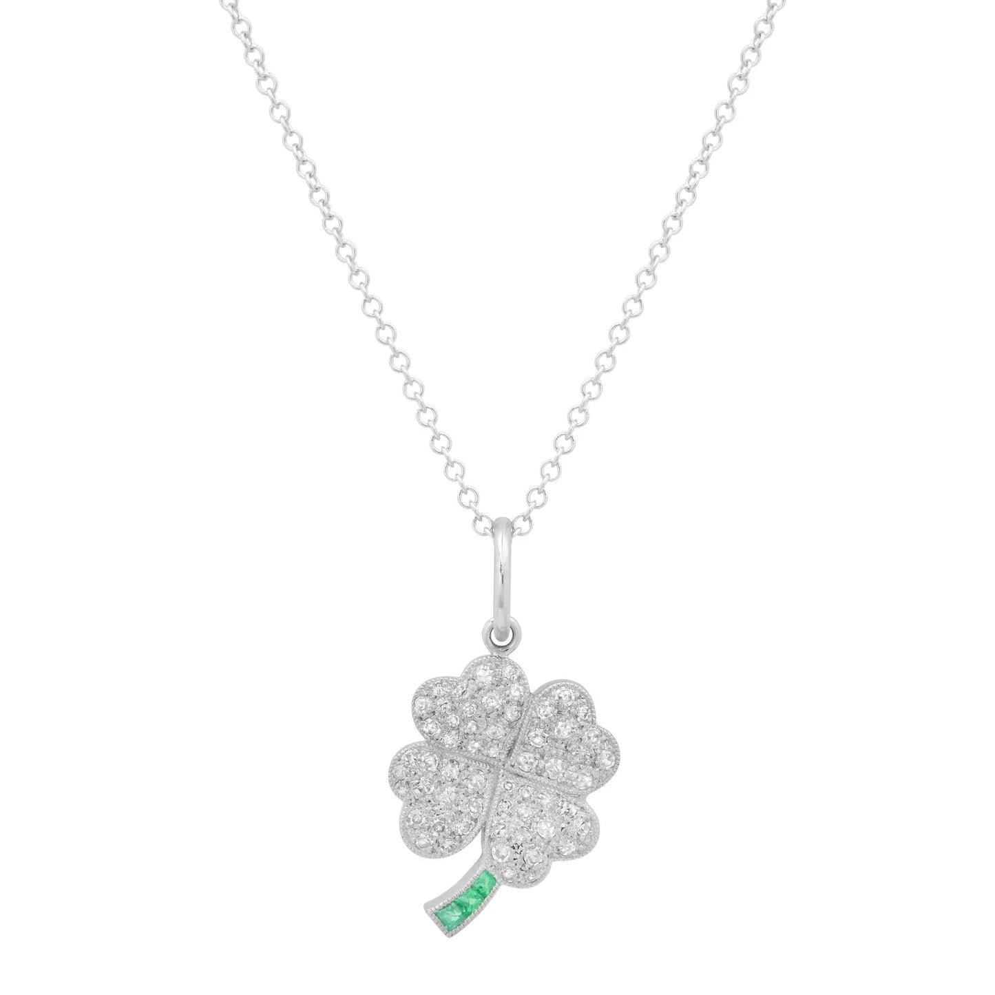 Diamond Clover Necklace In Platinum With Emeralds Certified Natural 0.50 CTW