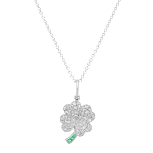 Diamond Clover Necklace In Platinum With Emeralds Certified Natural 0.50 CTW