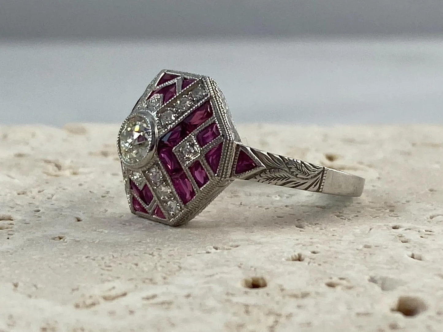 Art Deco Diamond Ruby Platinum Ring Handmade Certified Natural 1.52 CTW Old Mine European Cut
