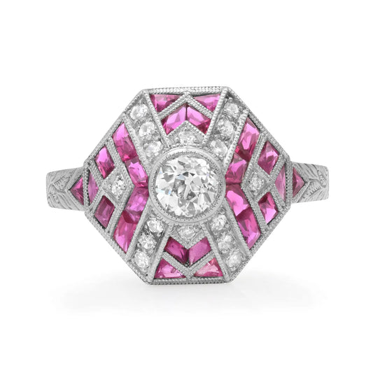 Art Deco Diamond Ruby Platinum Ring Handmade Certified Natural 1.52 CTW Old Mine European Cut