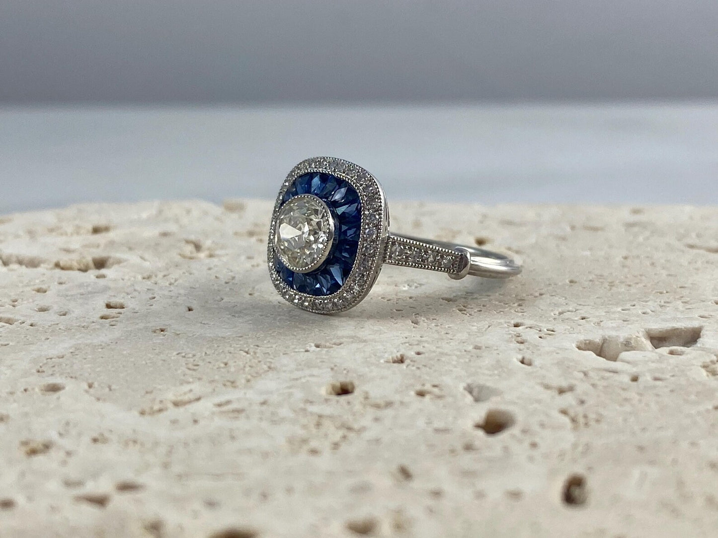 Art Deco Diamond Blue Sapphire Platinum Ring 1.68 CTW Certified Natural Handmade