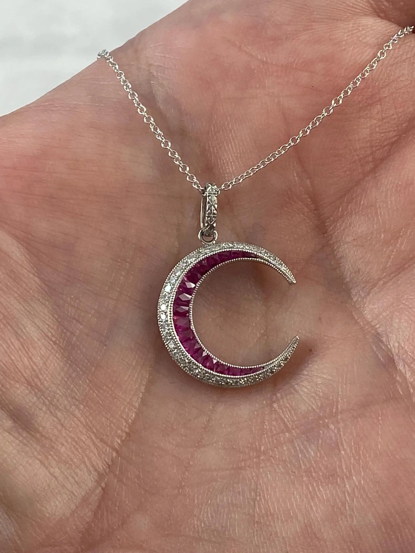 Crescent Moon Diamond Ruby Platinum Necklace 0.54 CTW Handmade Natural Certified Art Deco Inspired