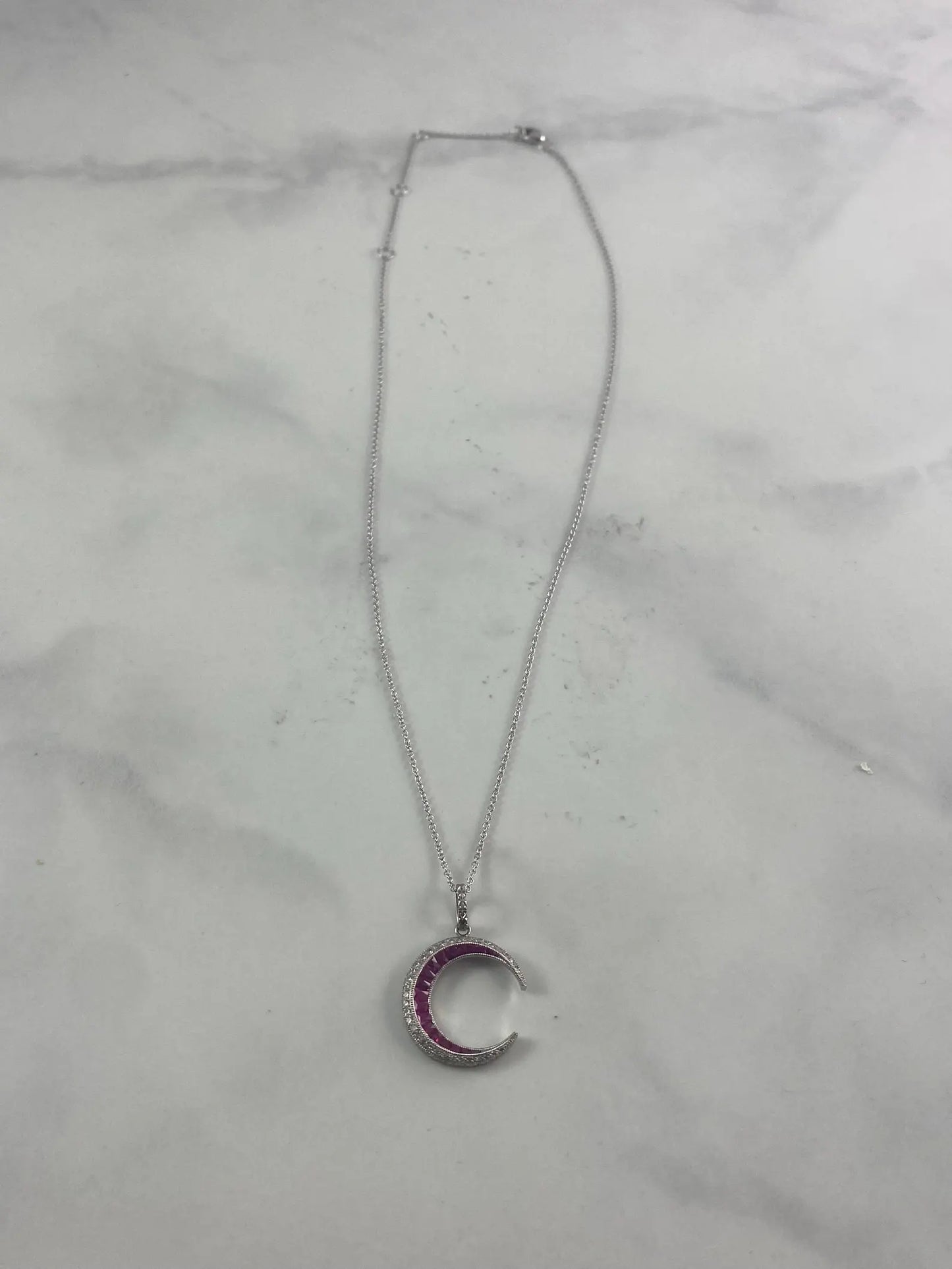 Crescent Moon Diamond Ruby Platinum Necklace 0.54 CTW Handmade Natural Certified Art Deco Inspired