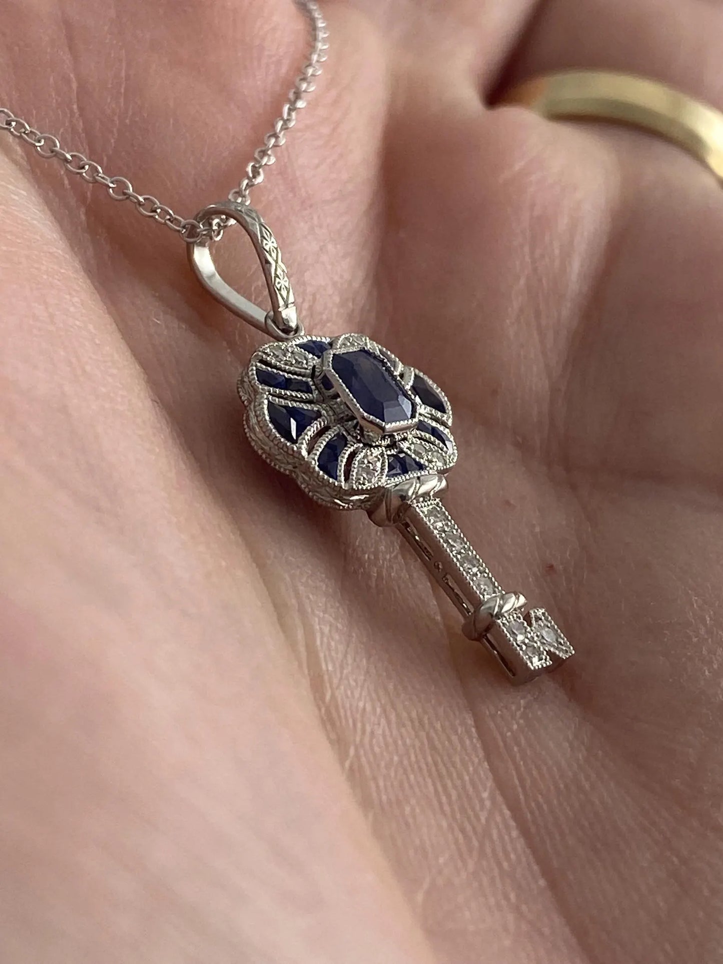 Diamond Sapphire Key Platinum Necklace 0.87 CTW Handmade Natural Certified Art Deco Inspired