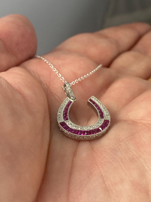 Horseshoe Diamond Ruby Platinum Necklace 0.75 CTW Handmade Natural Certified Art Deco Inspired