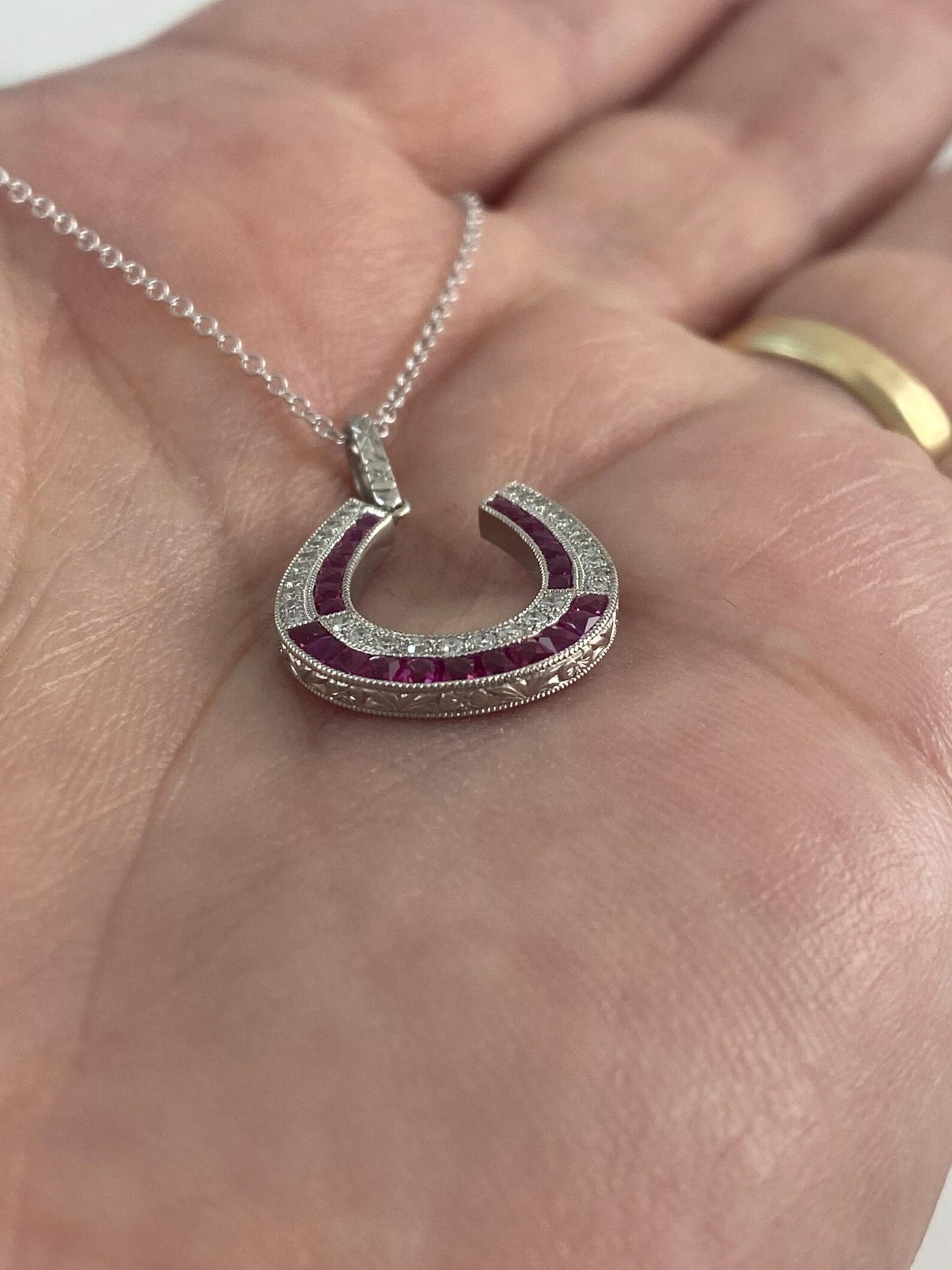 Horseshoe Diamond Ruby Platinum Necklace 0.75 CTW Handmade Natural Certified Art Deco Inspired