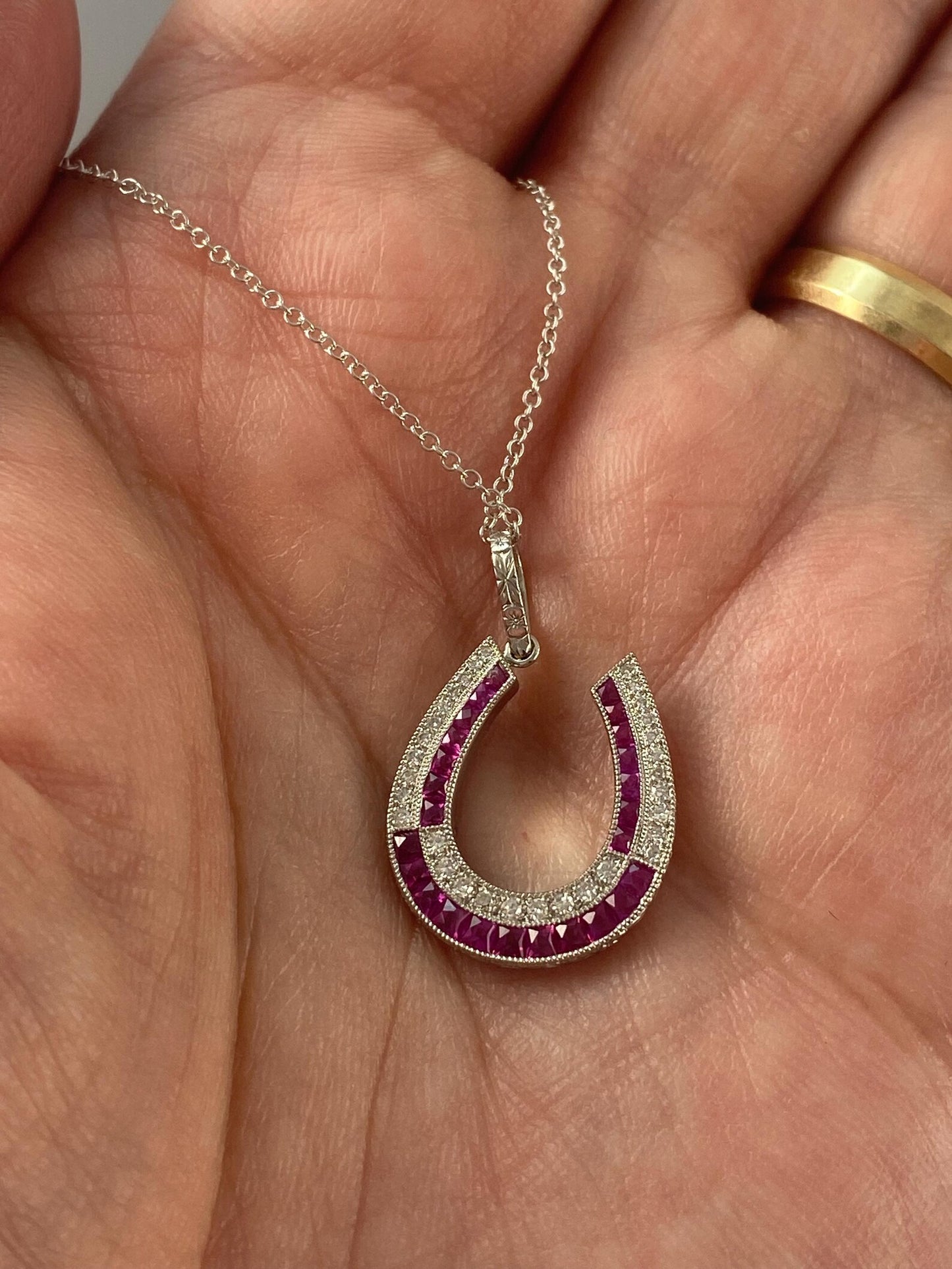Horseshoe Diamond Ruby Platinum Necklace 0.75 CTW Handmade Natural Certified Art Deco Inspired