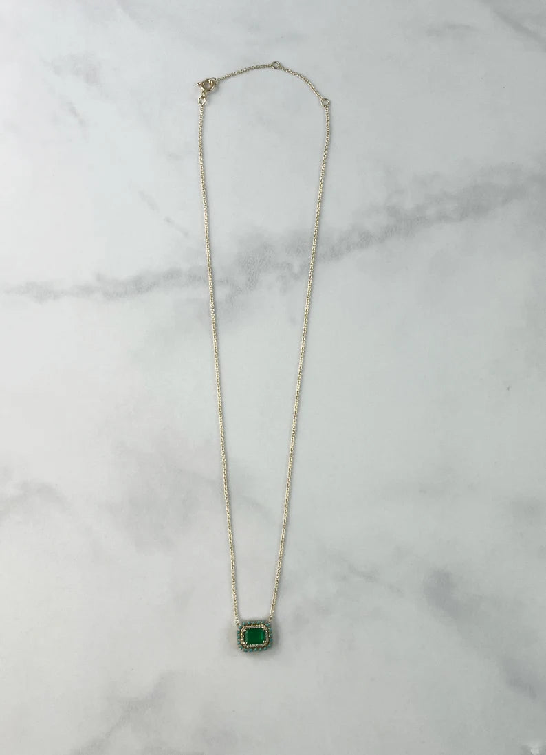 Emerald Turquoise & Diamond Necklace 14k Yellow Gold Natural 2.30 TCW