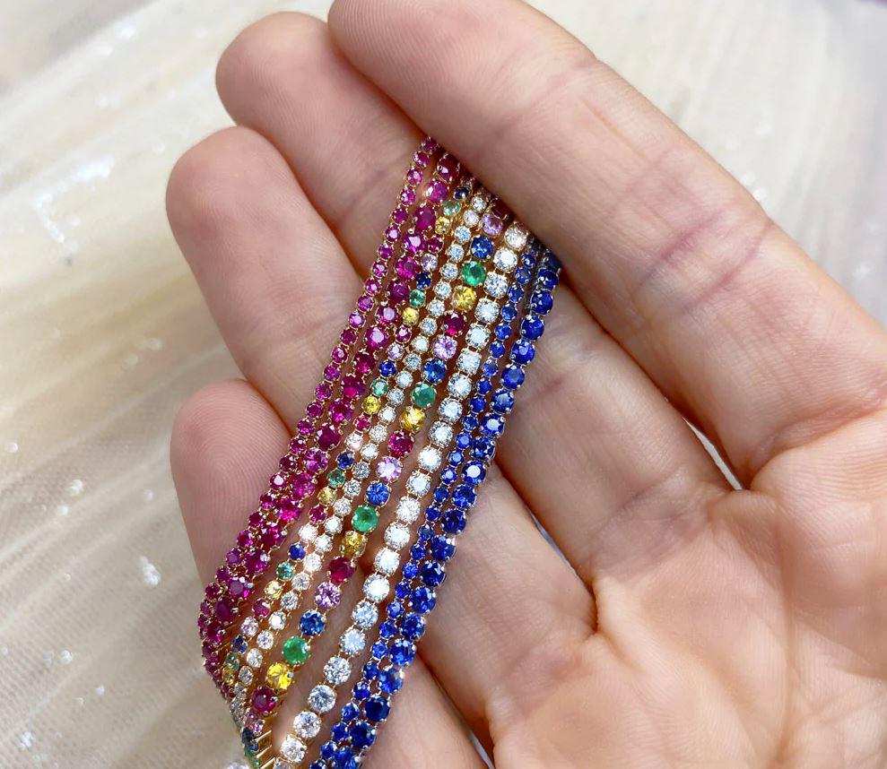14K Gold Multi-Color Gemstone Rainbow Tennis Bracelet