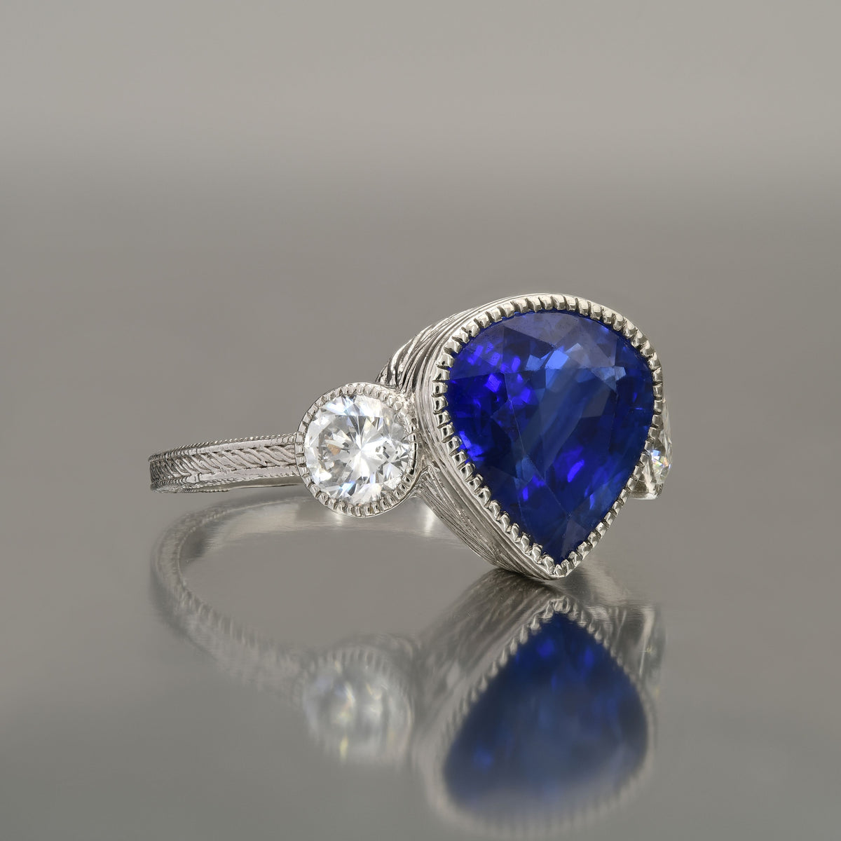 Art Deco Style Pear Sapphire Diamond Platinum Ring GIA Certified 4.74CTW Natural