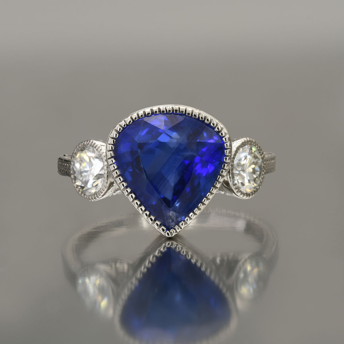 Art Deco Style Pear Sapphire Diamond Platinum Ring GIA Certified 4.74CTW Natural