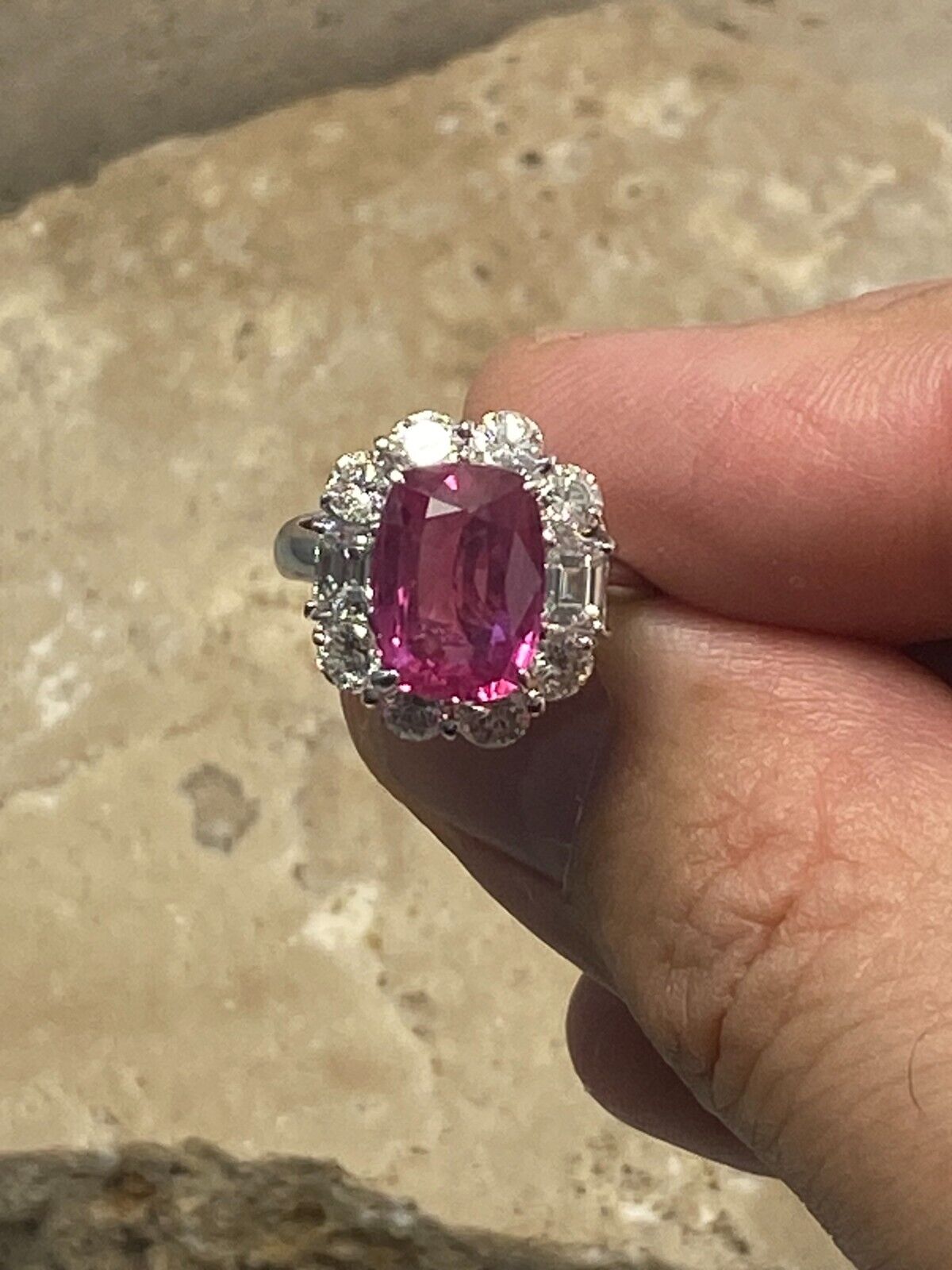GIA Cushion Pink Sapphire Diamond Platinum Engagement Ring Natural 5.99 TCW