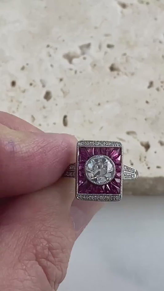 Old Mine Cut European Diamond Ruby Platinum Ring Art Deco Handmade Certified Natural 1.67 CTW