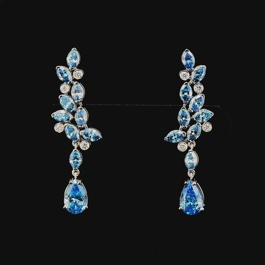 Lab Created Fancy Blue White Diamond Earrings 14K Yellow Gold