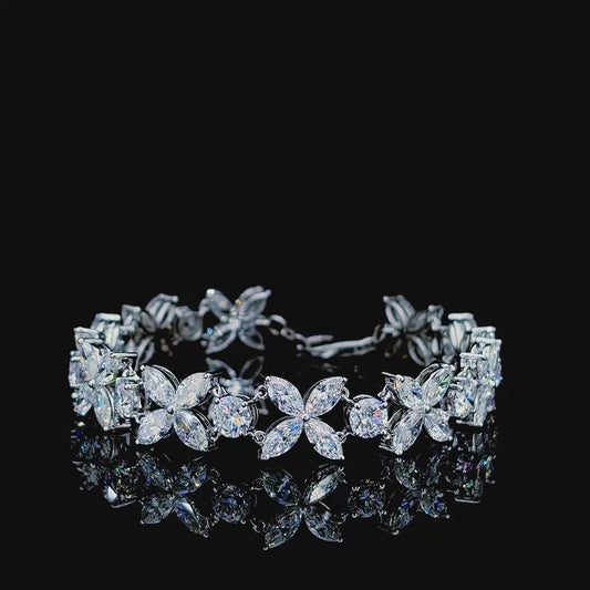 Lab Created Diamond Floral Bracelet 14K White Gold, Marquise Round Cut 17.26 CTW