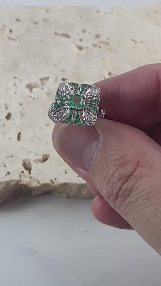 Emerald And Diamond Art Deco Ring In Platinum Handmade Certified Natural 0.72 CTW