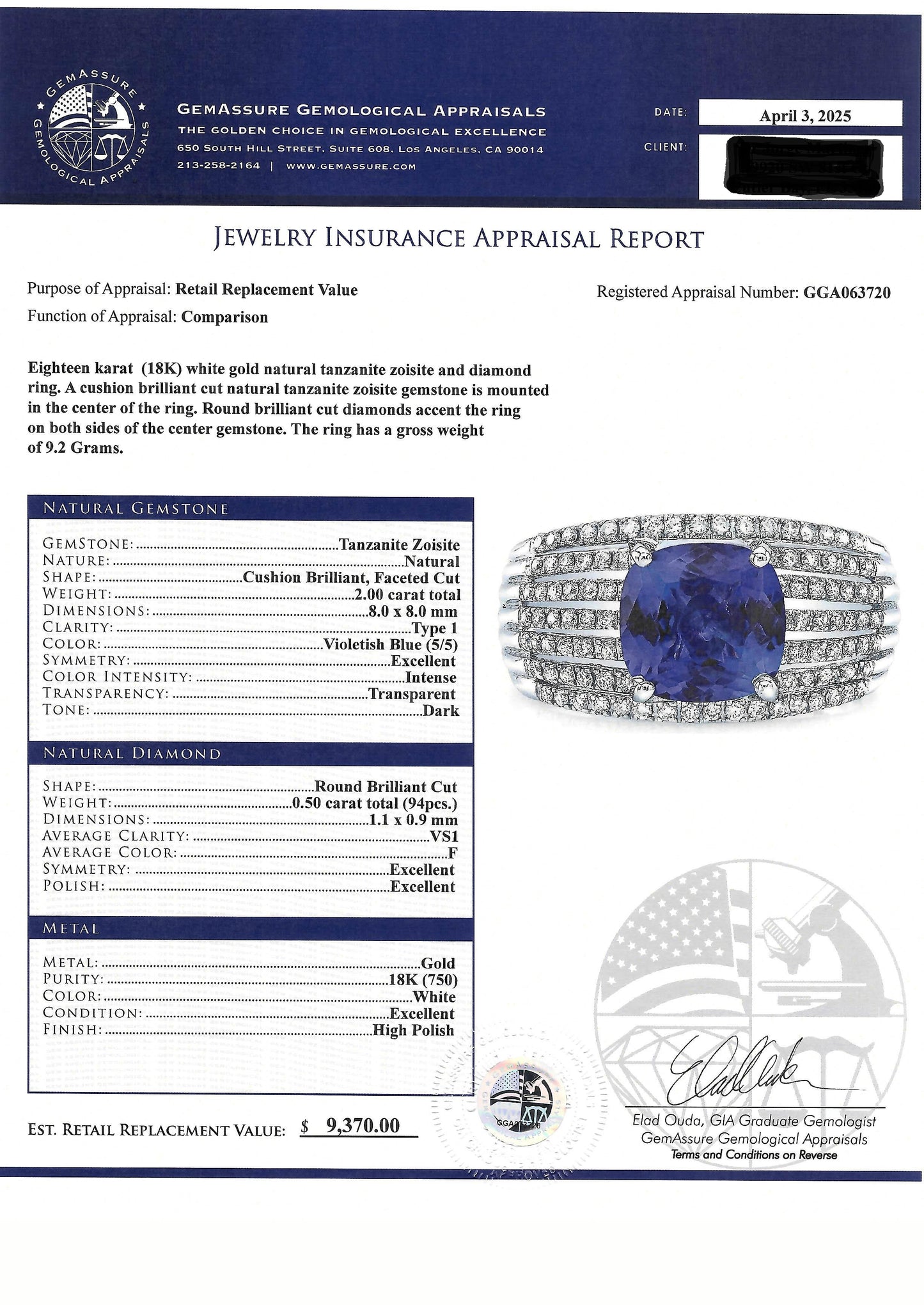 Cushion Tanzanite Diamond Ring 18K White Gold Certified Natural