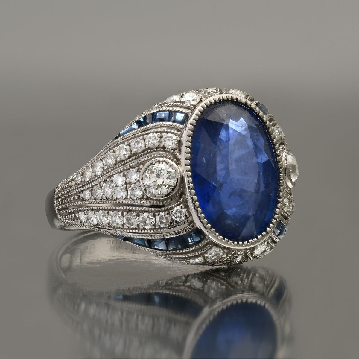 Art Deco Style Oval Sapphire Diamond Platinum Ring GIA Certified 6.97CTW Natural