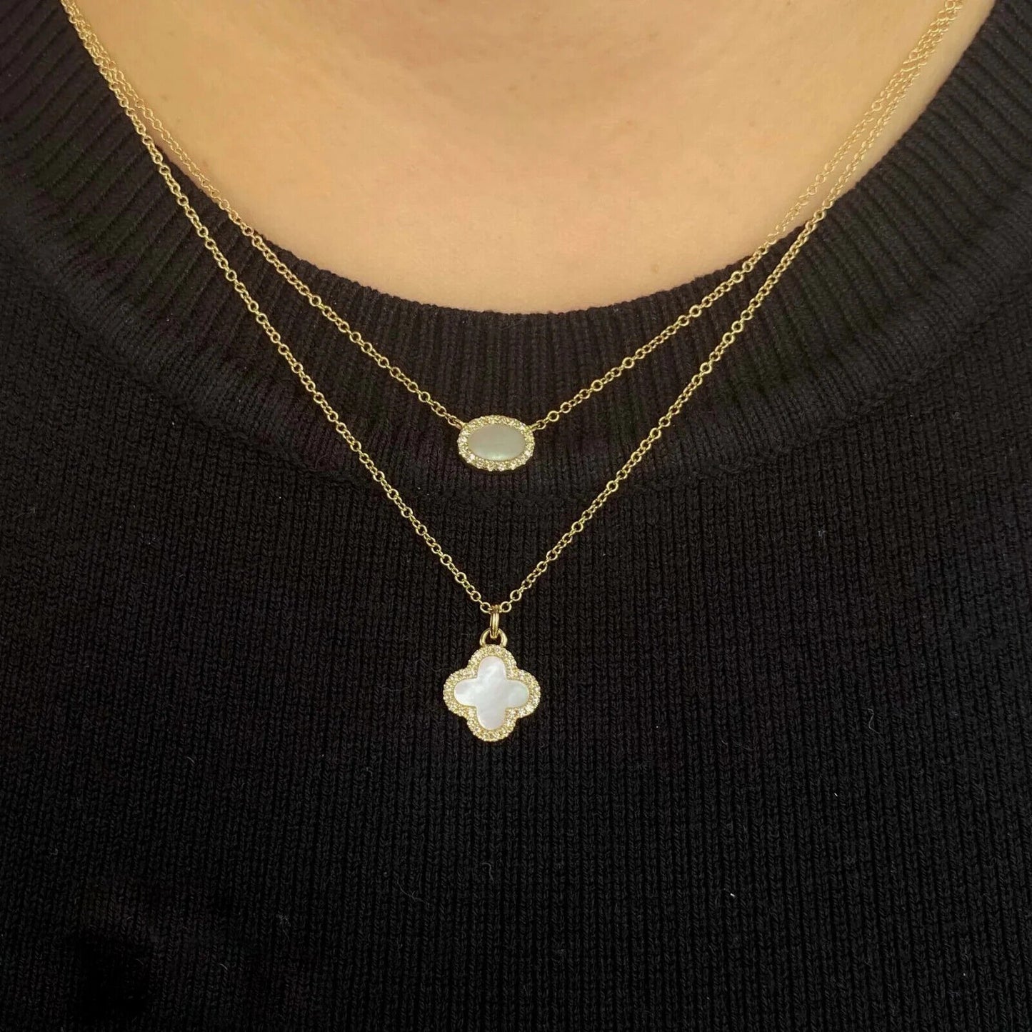 14K Gold Diamond Mother of Pearl Oval Necklace