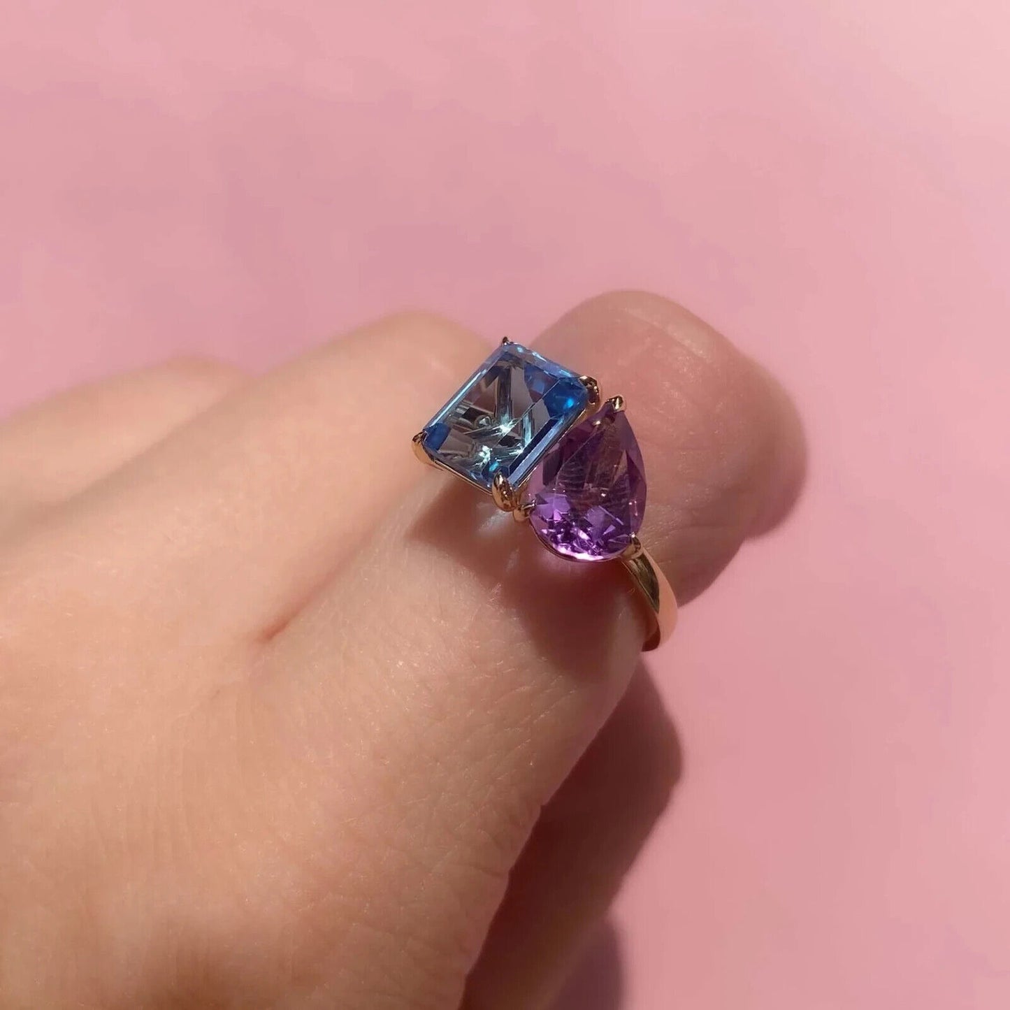 14K Blue Topaz Amethyst 2 Stone Ring
