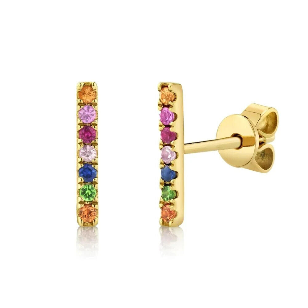 14K Gold Rainbow Gemstone Bar Stud Earrings