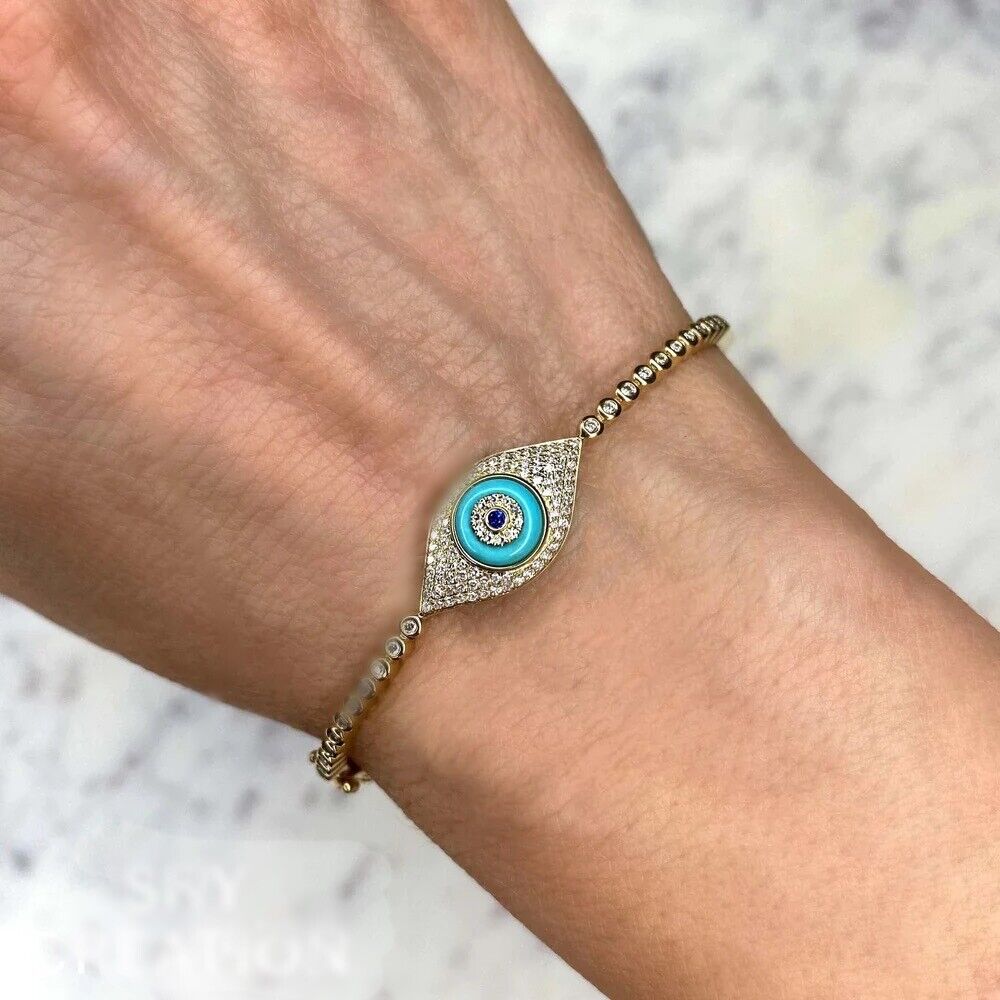 14K Gold Diamond Turquoise Sapphire Evil Eye Bangle Bracelet