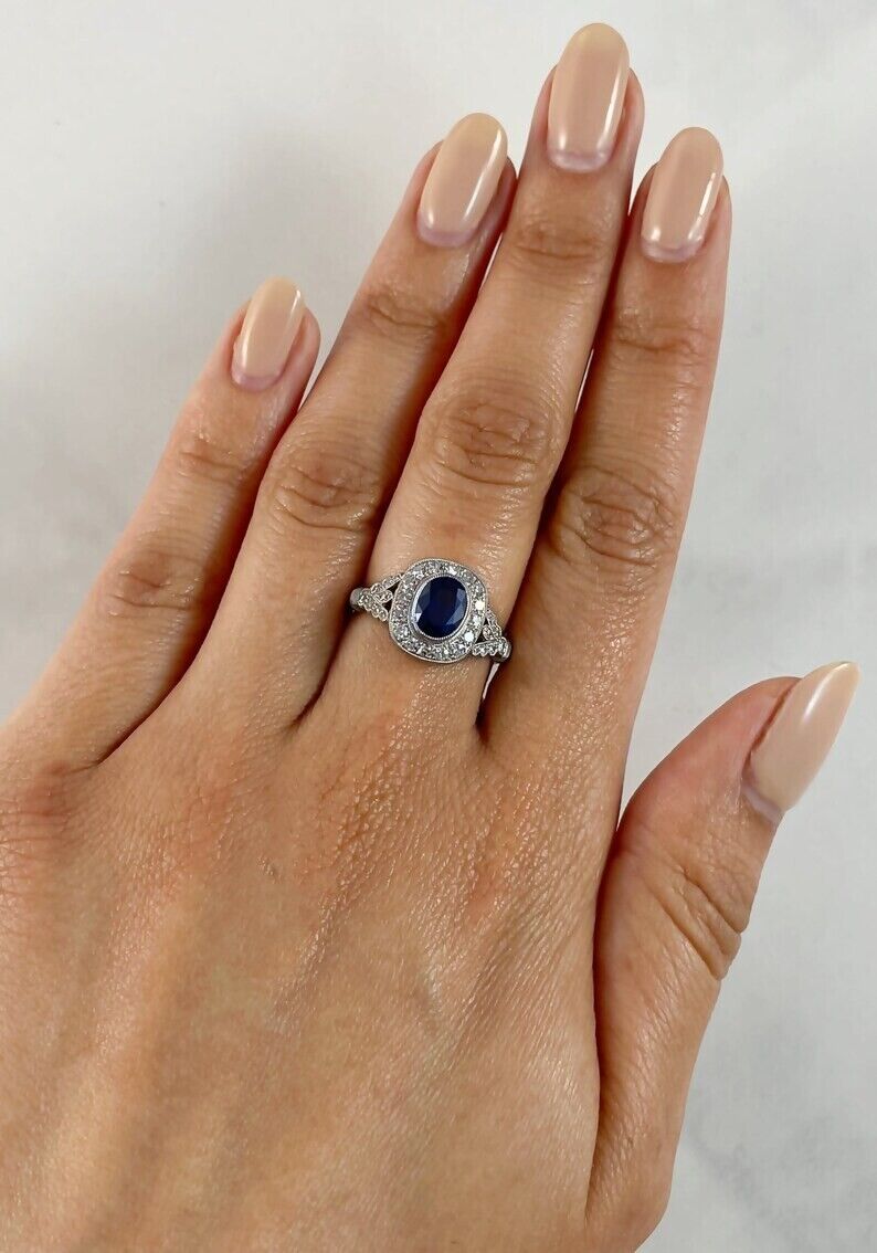 Art Deco Oval Blue Sapphire Diamond Platinum Engagement Ring
