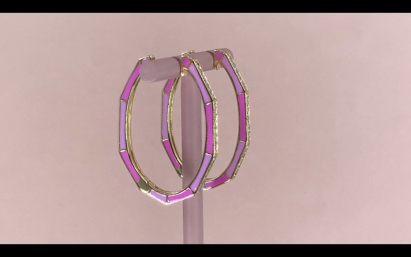 14K Gold Pink Enamel Diamond Oval Hoop Earrings