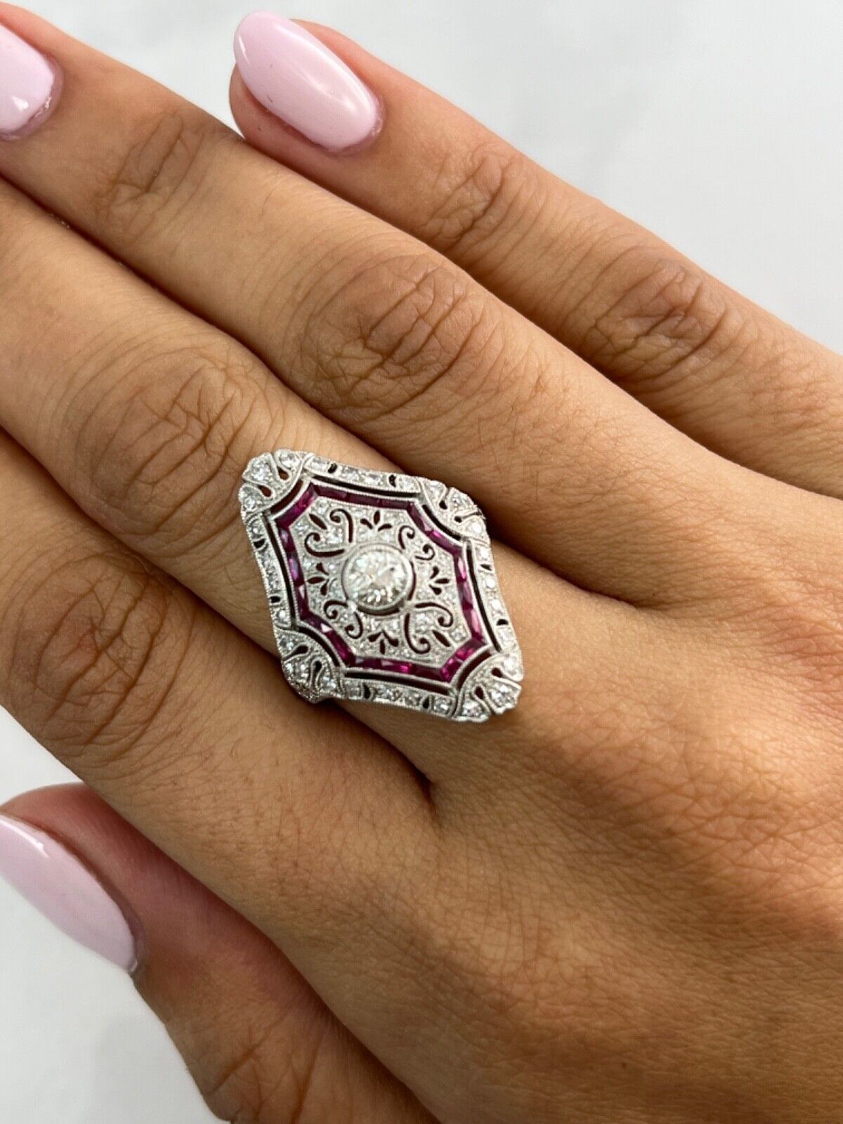 Ruby and 1.10 CT Diamond Platinum Art Deco Ring