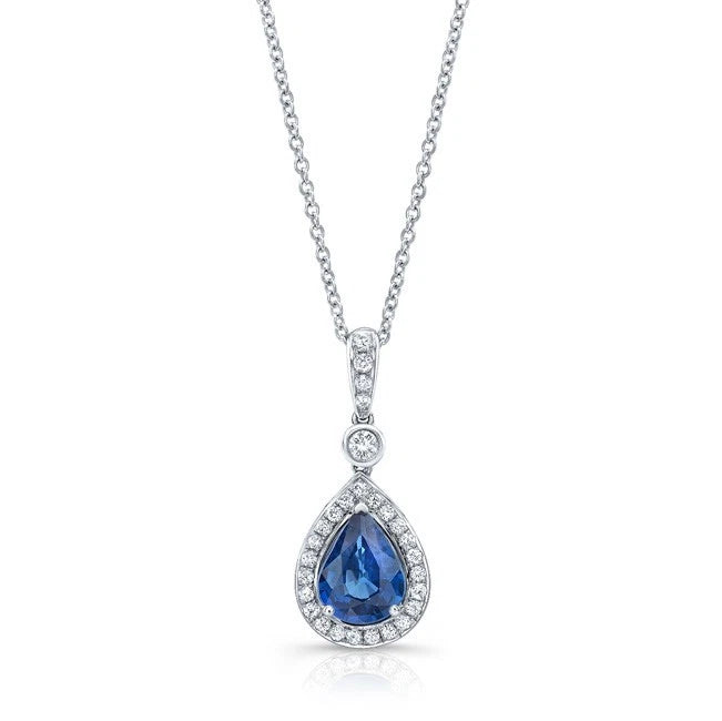 Blue Sapphire Diamond Teardrop Pear Necklace 14K White Gold Natural 1.45 CTW