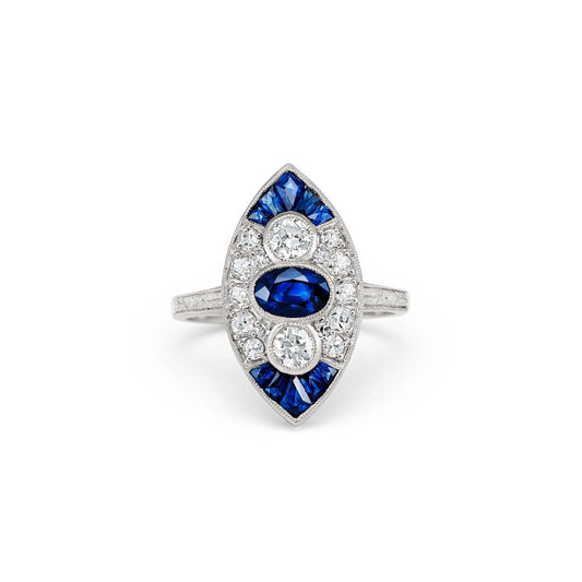 Art Deco Blue Sapphire Old Mine Diamond Platinum Ring