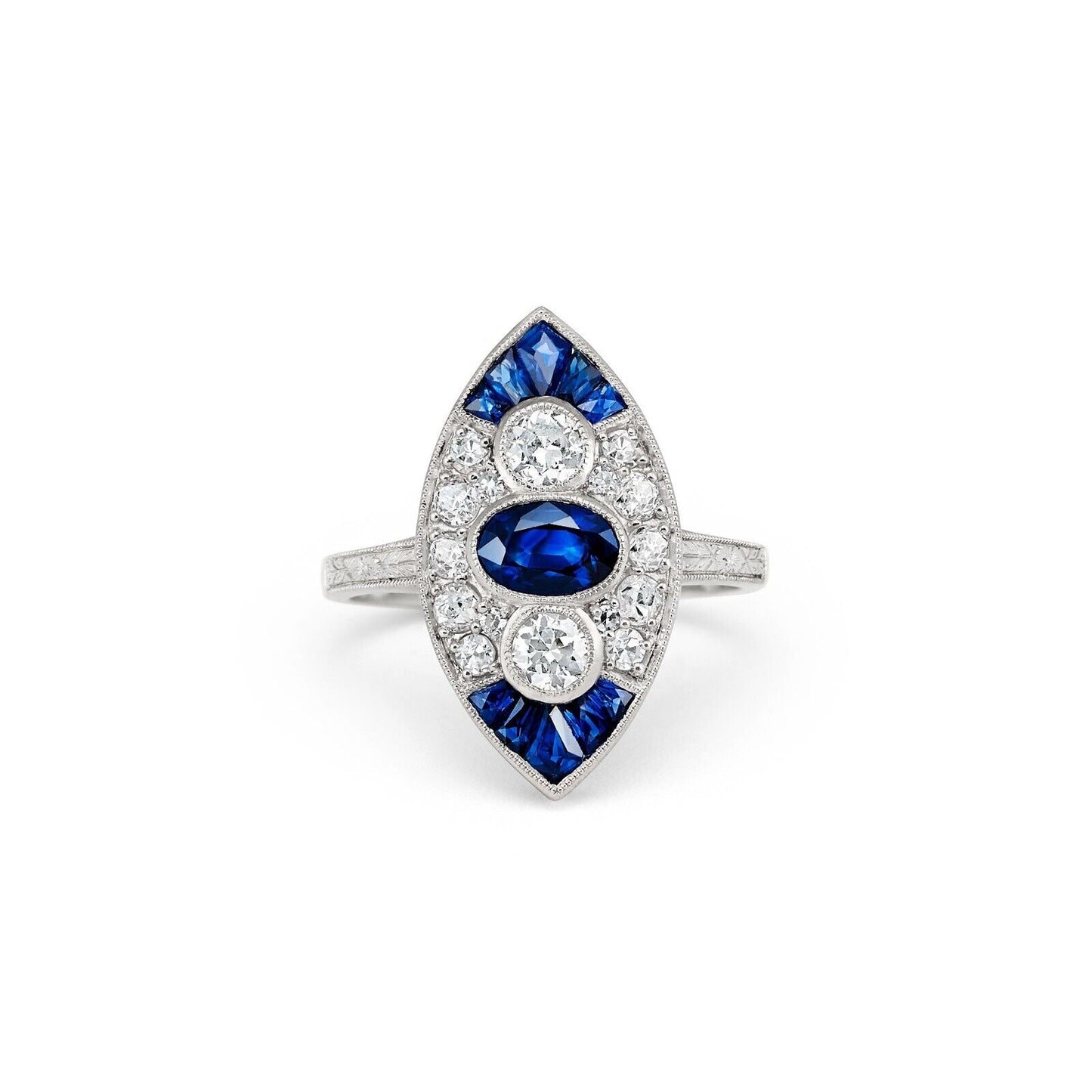 Art Deco Blue Sapphire Diamond Platinum Ring Natural