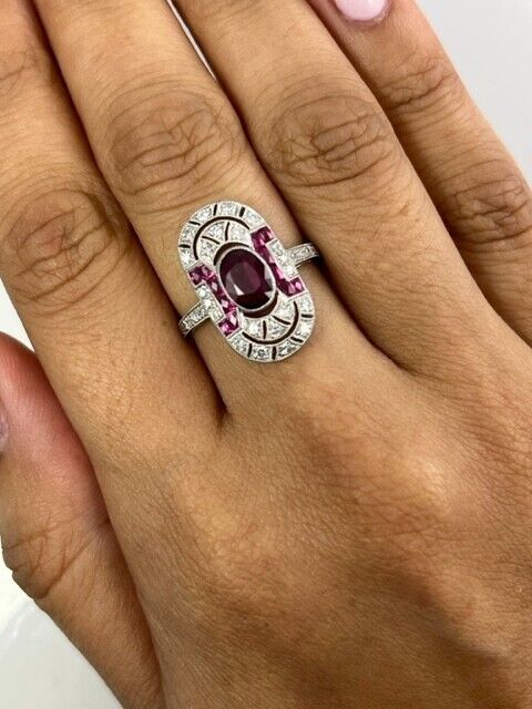 Art Deco Ruby Diamond Platinum Oval Ring Antique Inspired Natural
