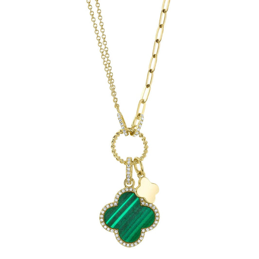 14K Gold Diamond Malachite Clover Necklace